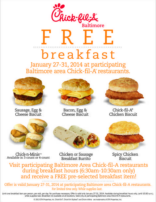 FREE Chick Fil A Breakfast for Baltimore Area Restaurants Family