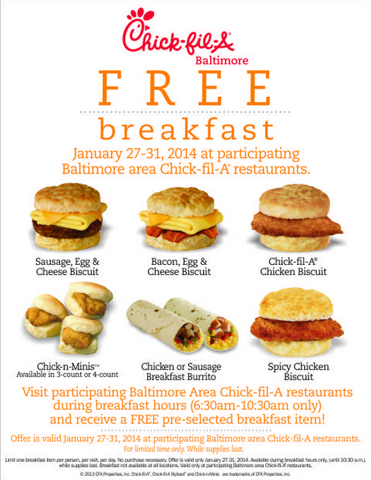 FREE Chick Fil A Breakfast For Baltimore Area Restaurants Family 